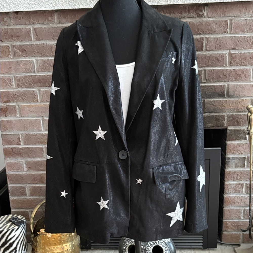 Neiman Marcus Black leather Blazer with Silver Star Accents